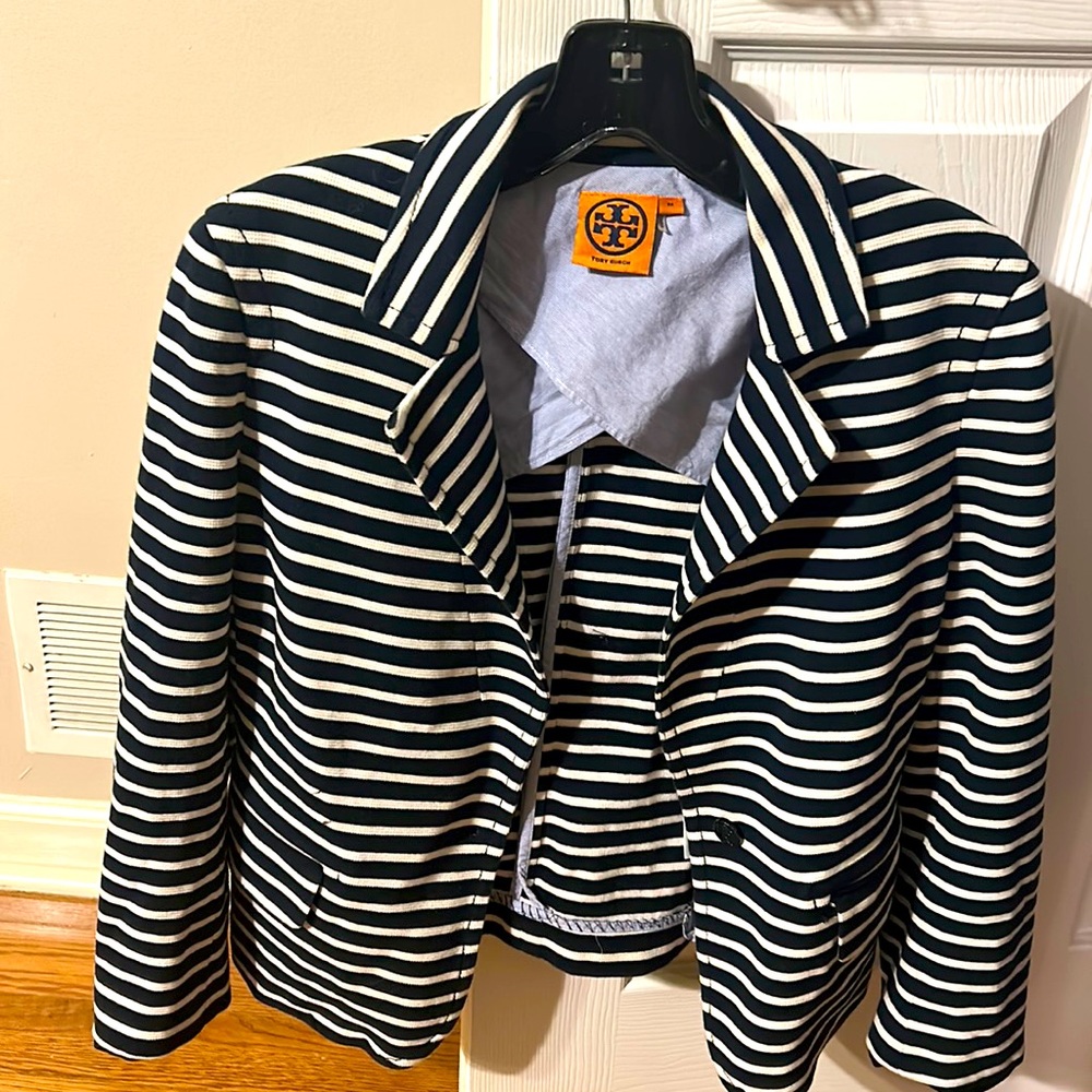 Tory Burch, white and blue stripe jacket, size medium